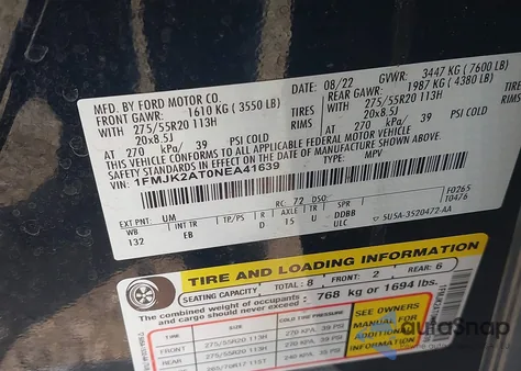 2022 Ford Expedition Limited Max z USA, uszkodzony, nr VIN 1FMJK2AT0NEA41639